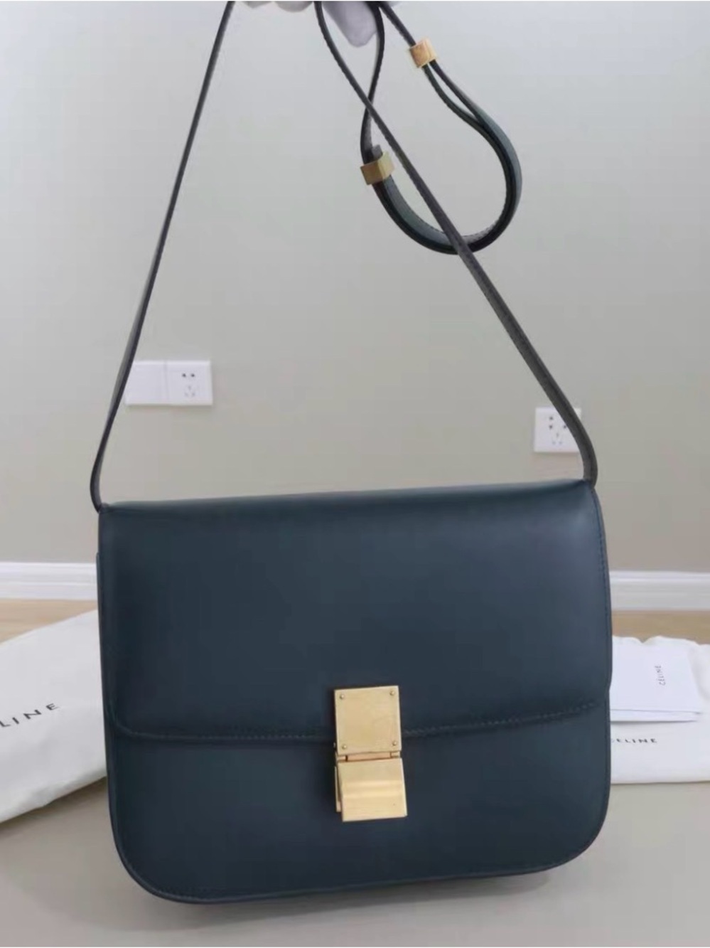 Celine Dark Green Leather Crossbody with Gold Hardware